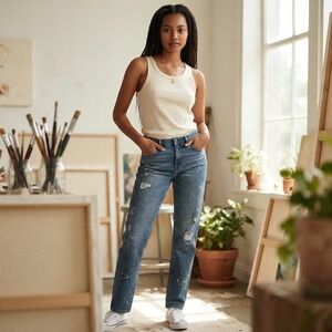 Cabi 100% BF Boyfriend Jeans Blue Distressed Paint Splatter 5884 Size 4